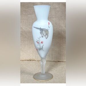 Vintage White Satin Glass Sparrow Pedestal Vase Cottage Core Classic Elegant